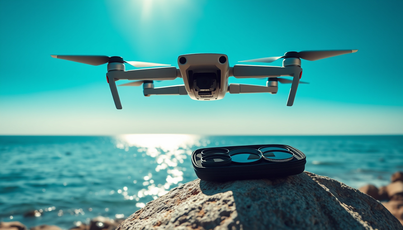 Drone with CPL filter flying over bright coastline with filter kit in foreground