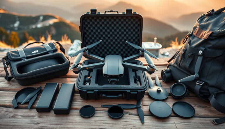 Drone accessories arranged with cases, batteries, charger and filters at a mountain overlook
