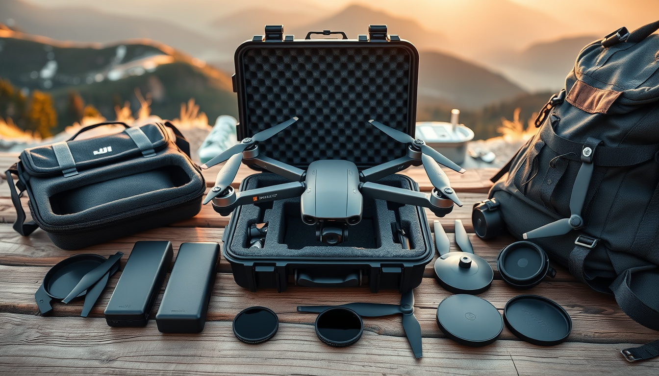 Drone accessories arranged with cases, batteries, charger and filters at a mountain overlook