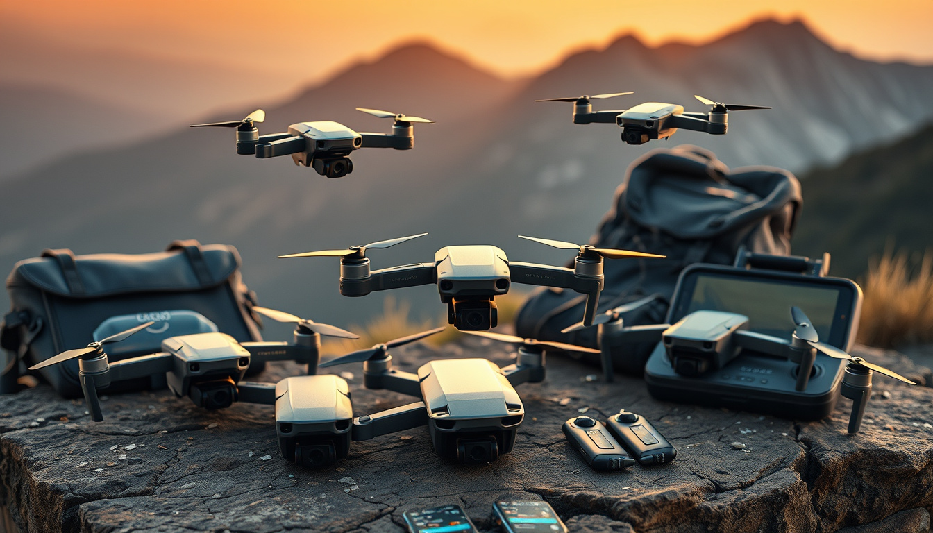 Compact camera drones and batteries set up at a mountain overlook