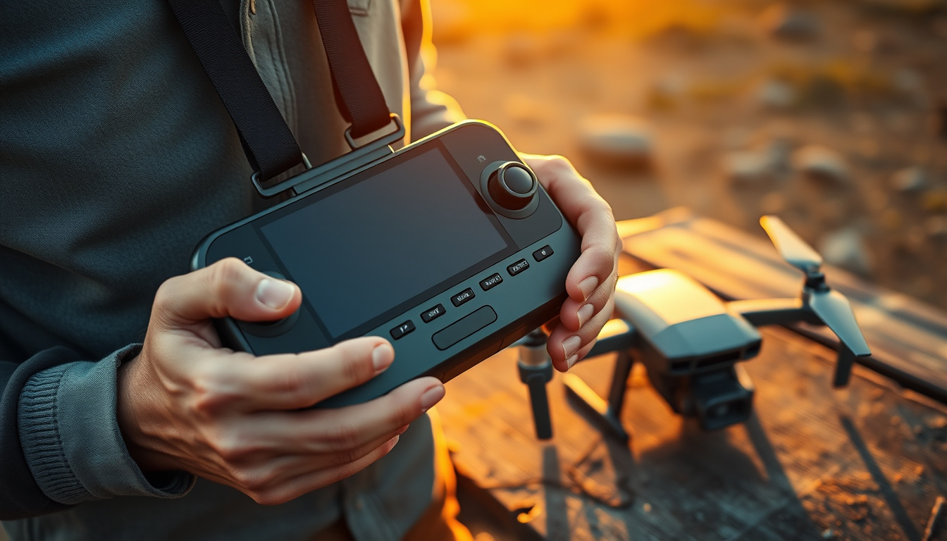DJI-style drone controller secured with a padded neck lanyard outdoors