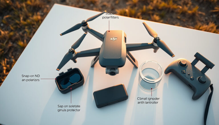 DJI Flip drone with filters, gimbal cover, controller sun hood and lanyard arranged as an accessory kit