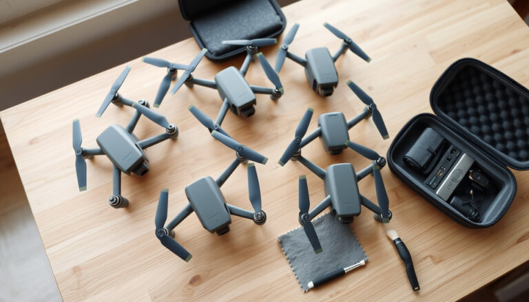 Camera drones with protective gimbal covers arranged beside a travel case and cleaning tools
