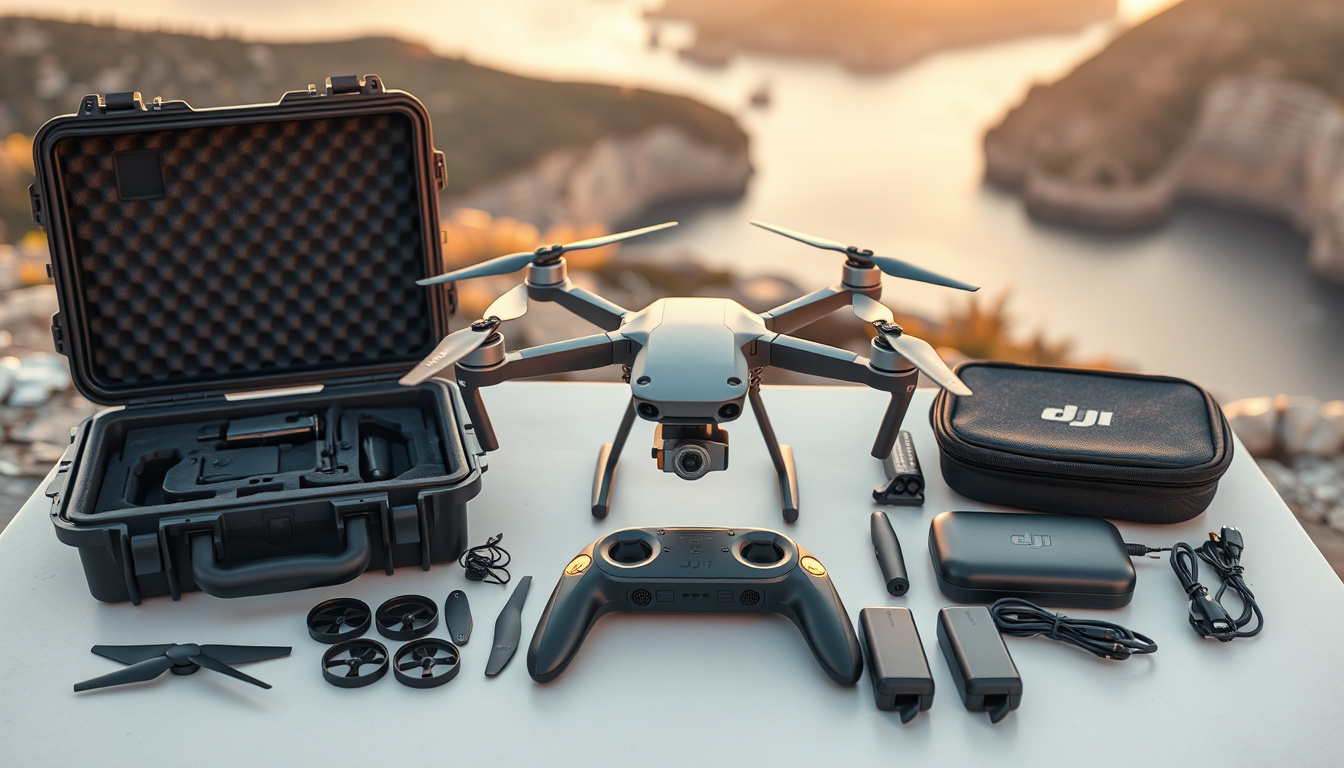 DJI Mini 4 Pro with cases, filters, batteries and propeller guards arranged outdoors