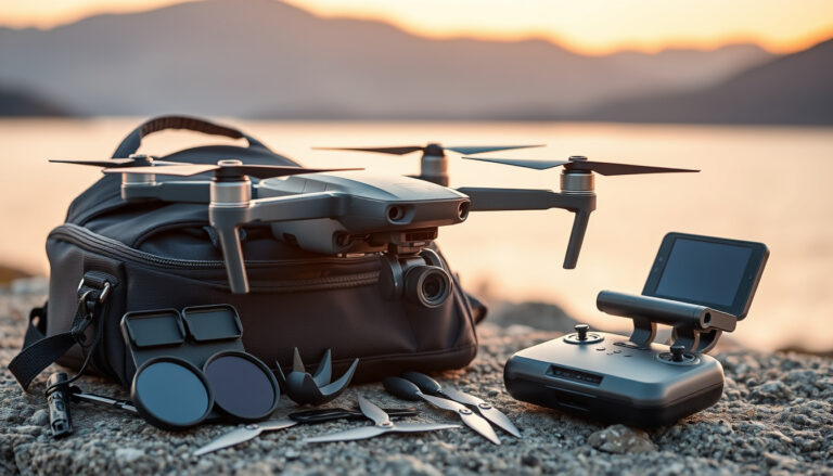 DJI Mini 5 Pro drone with filters, prop guards and controller sunhood arranged outdoors