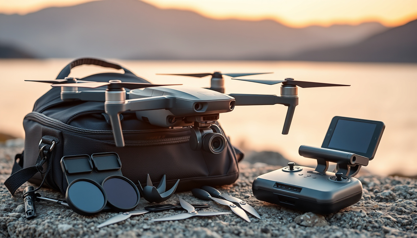 DJI Mini 5 Pro drone with filters, prop guards and controller sunhood arranged outdoors