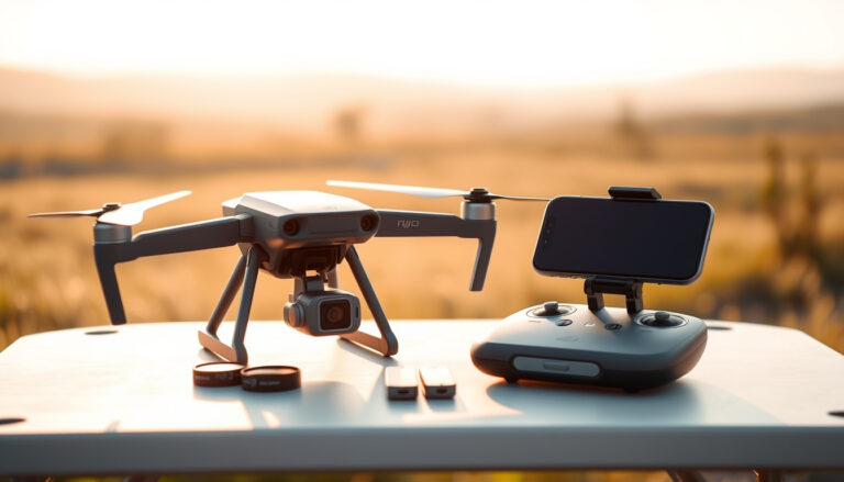 DJI Neo 2 drone with ND filters, controller phone mount, and sun hood outdoors