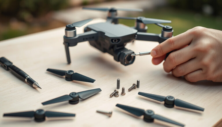 Mini drone propeller replacement on a workbench with spare blades and tools