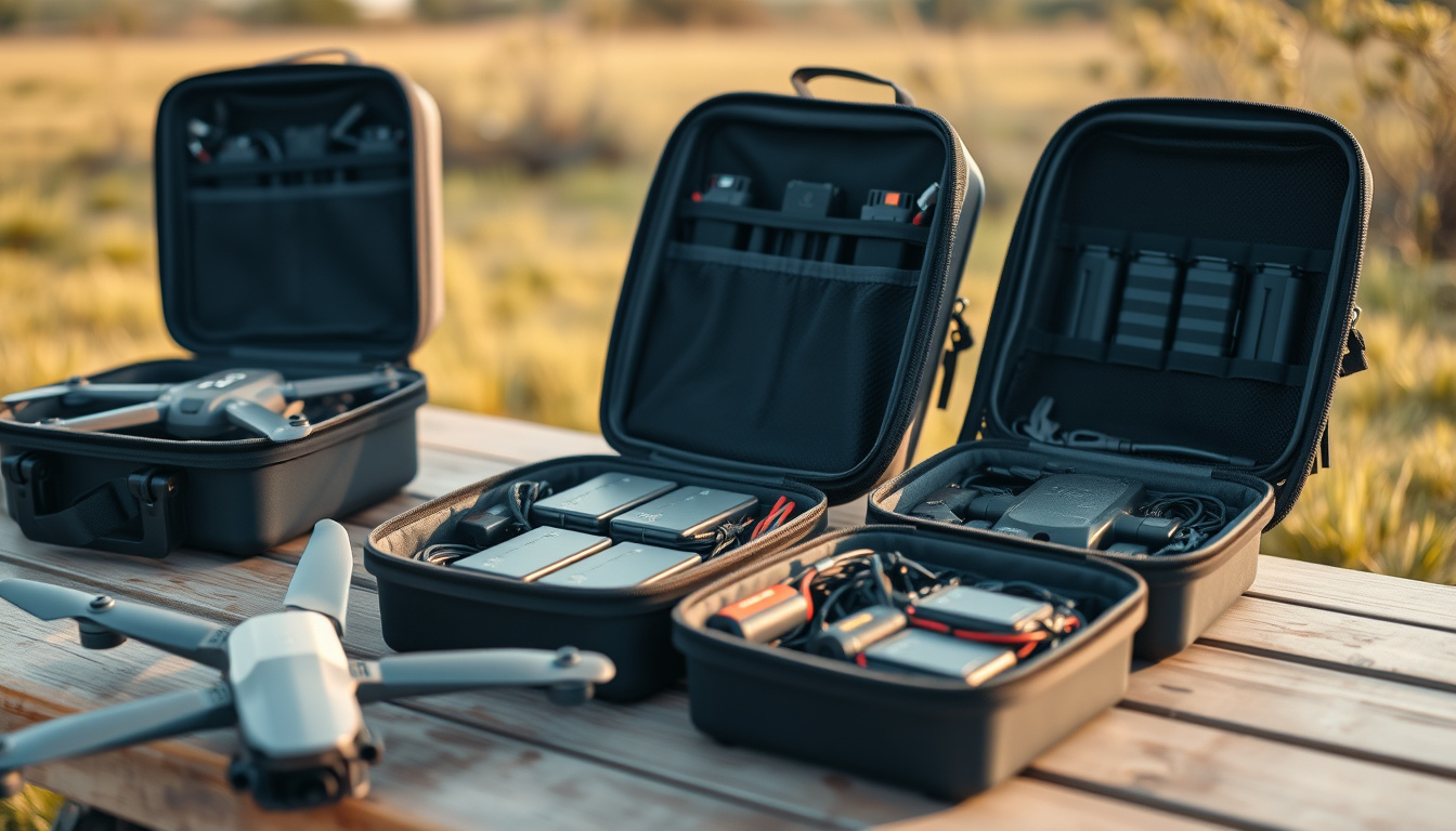 Drone batteries organized in fire-resistant travel bags beside a drone on an outdoor table