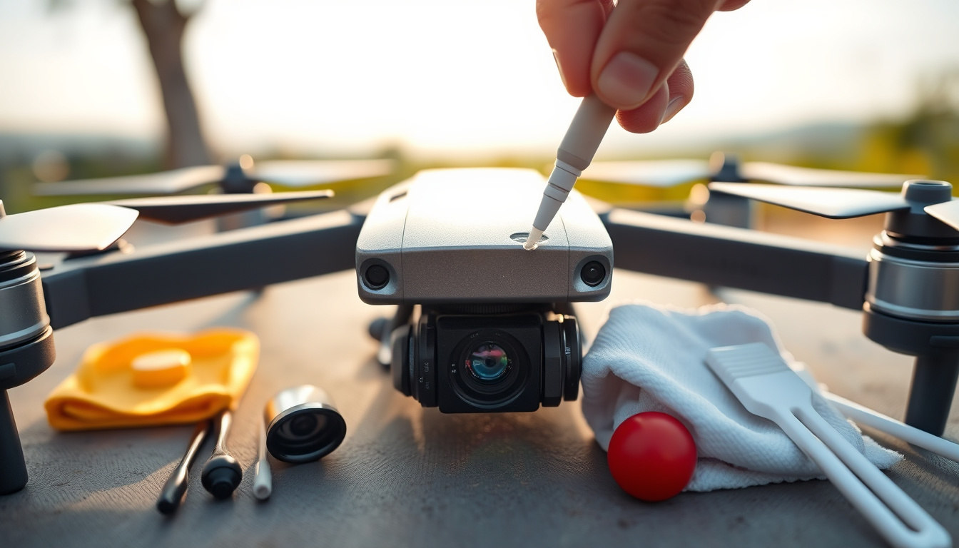 Drone camera being cleaned with lens tools and microfiber cloths outdoors