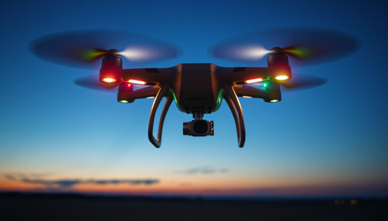 Drone with bright strobe lights hovering at dusk over an open field