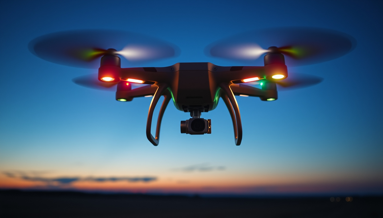 Drone with bright strobe lights hovering at dusk over an open field