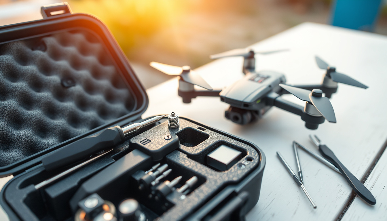 Open drone repair toolkit beside a quadcopter during precision maintenance