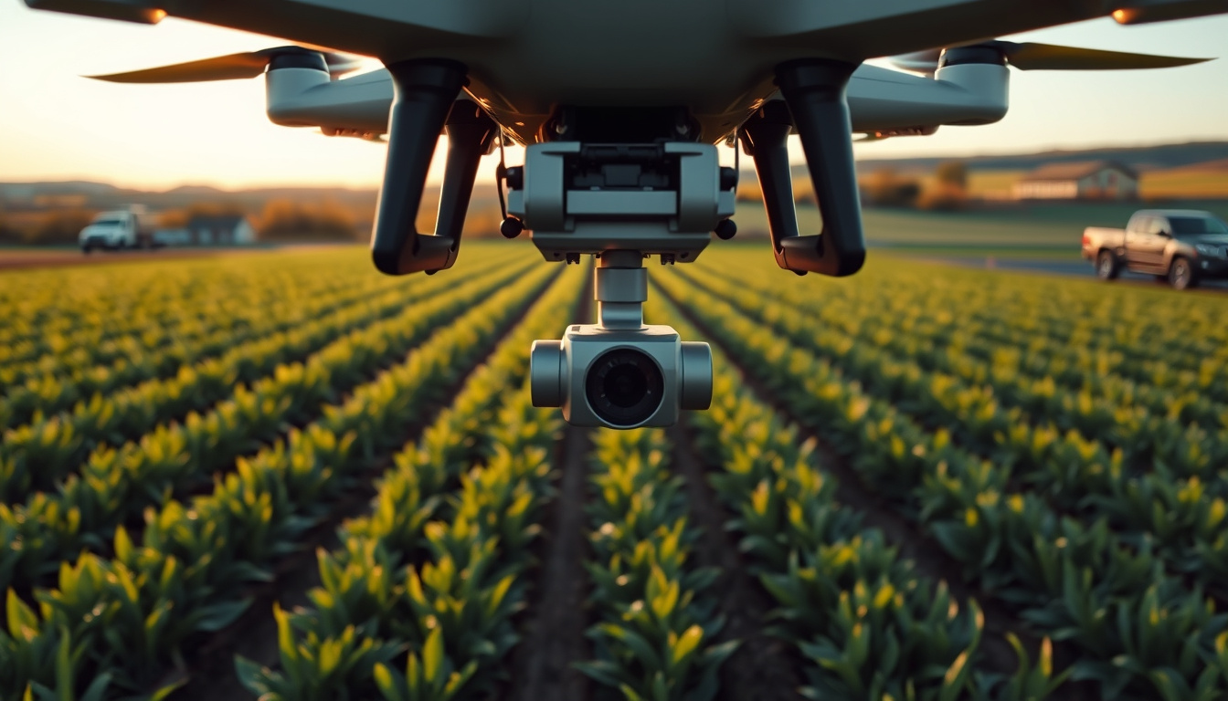 Drone hovering over crop rows on a small farm for agricultural field monitoring