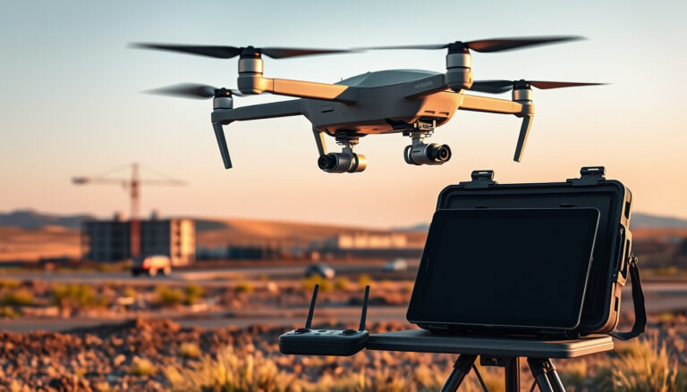Mapping drone flying over a construction survey site with controller and field gear nearby