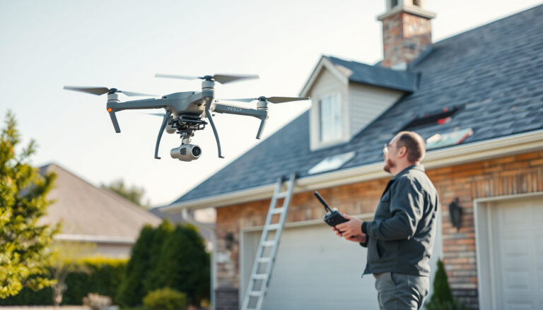 Drone inspecting a residential roof while an inspector controls it safely from the ground