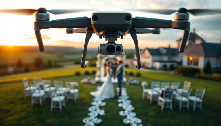 Compact drone filming an outdoor wedding ceremony at golden hour