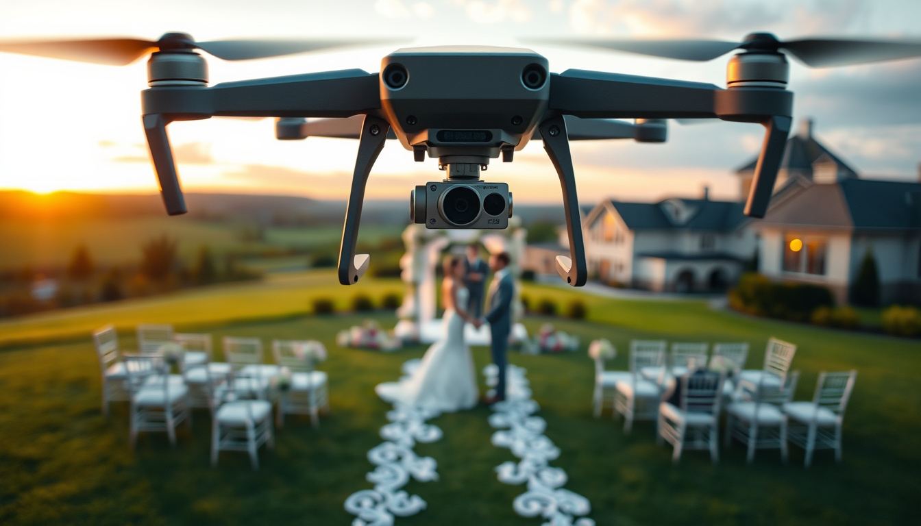 Compact drone filming an outdoor wedding ceremony at golden hour