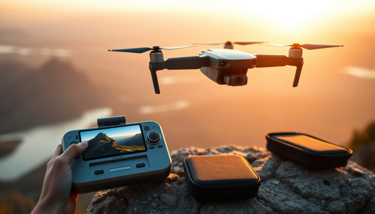 Foldable camera drone flying above a landscape with a screen controller and travel batteries in the foreground