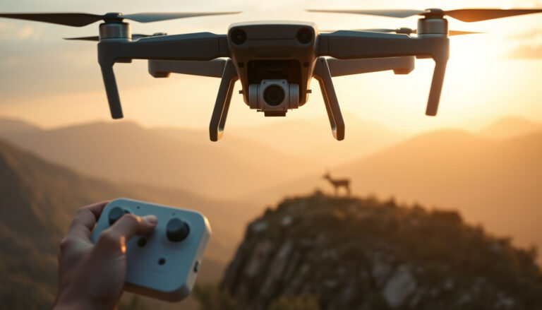 Zoom camera drone filming distant wildlife from a scenic overlook