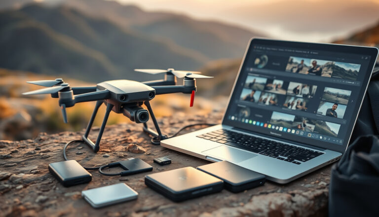 External SSDs, drone, microSD card and laptop on an outdoor filming table at golden hour