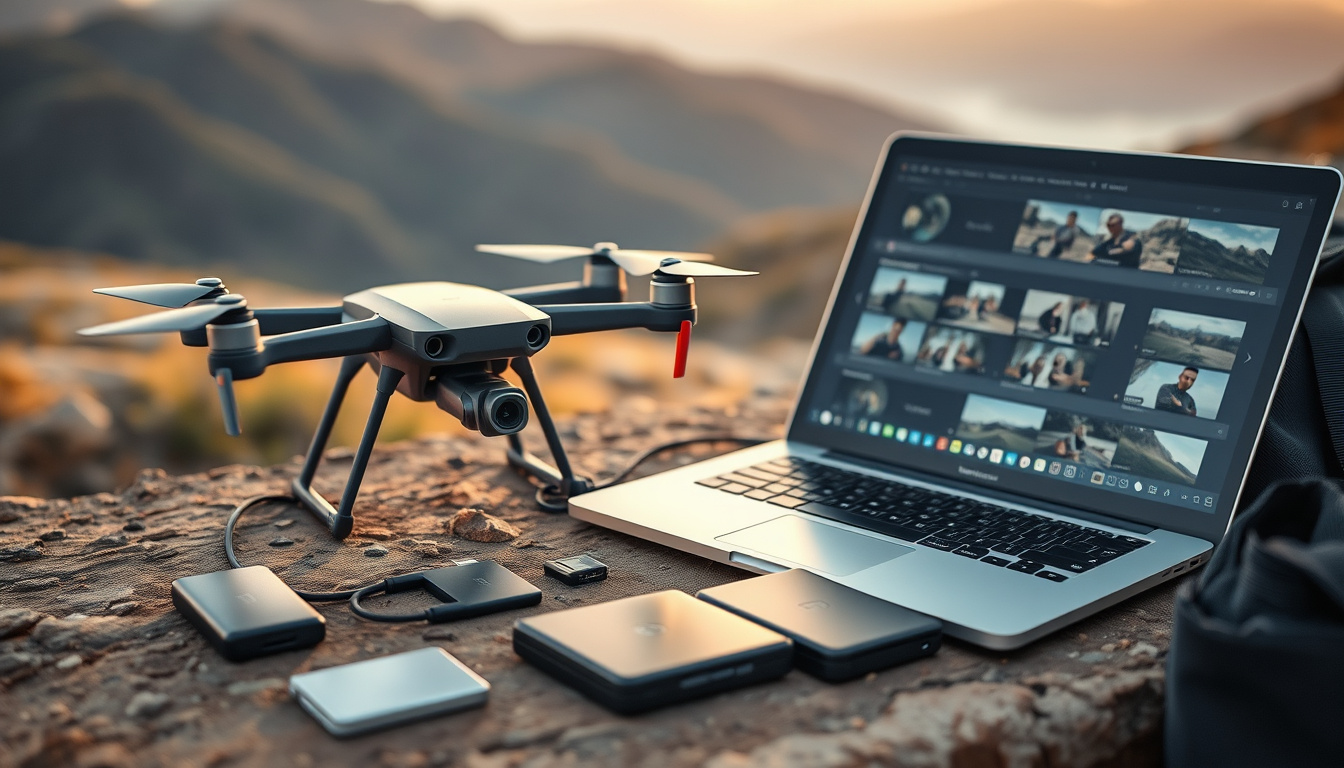 External SSDs, drone, microSD card and laptop on an outdoor filming table at golden hour