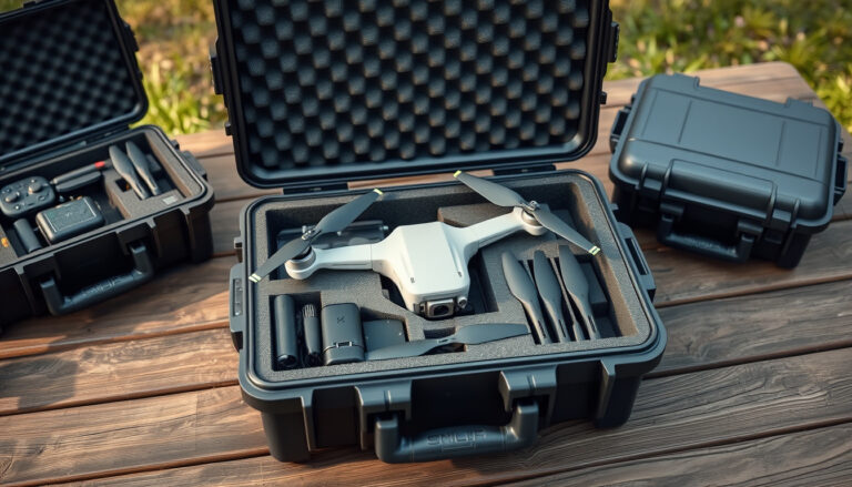 Open hard case with drone, controller, batteries and accessories organized in protective foam