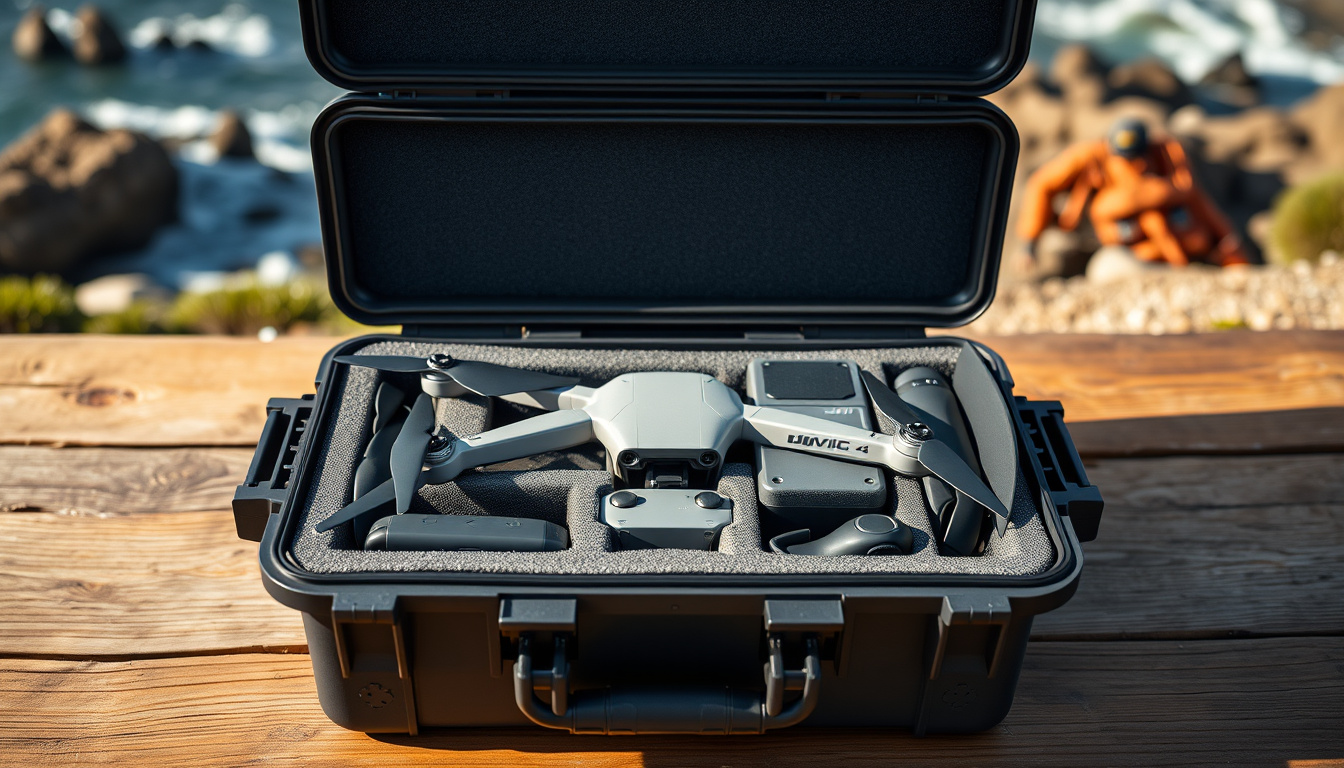 Open hard case with DJI Mavic 4 Pro drone, batteries and accessories organized outdoors