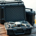 Open hard case with compact drone, controller, batteries and accessories organized in foam