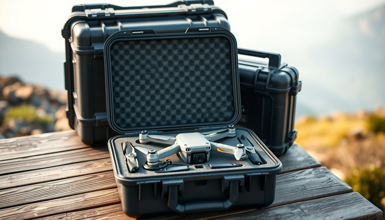 Open hard case with compact drone, controller, batteries and accessories organized in foam