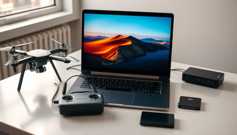 Laptop editing drone footage on a desk with a drone, SD cards, and portable storage