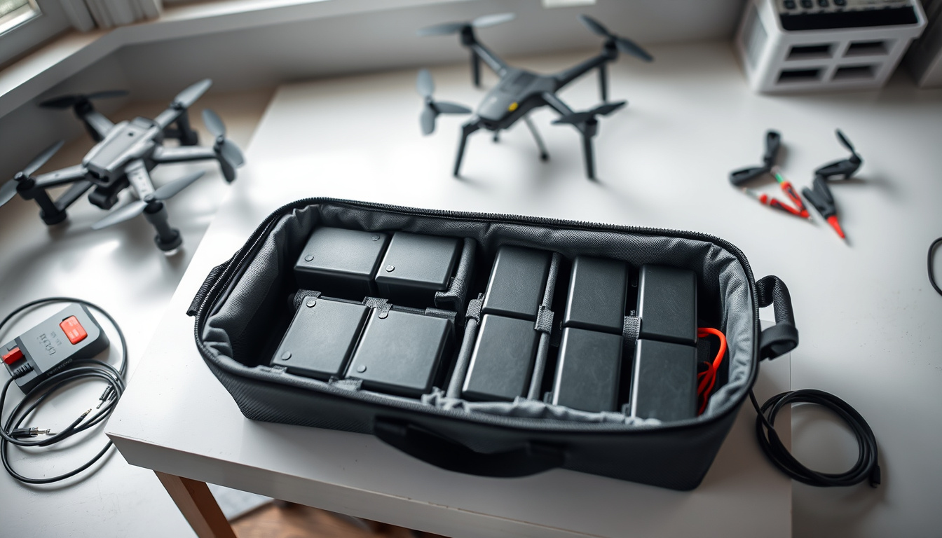 Open LiPo safety bag with drone batteries and charger on a hobby workbench