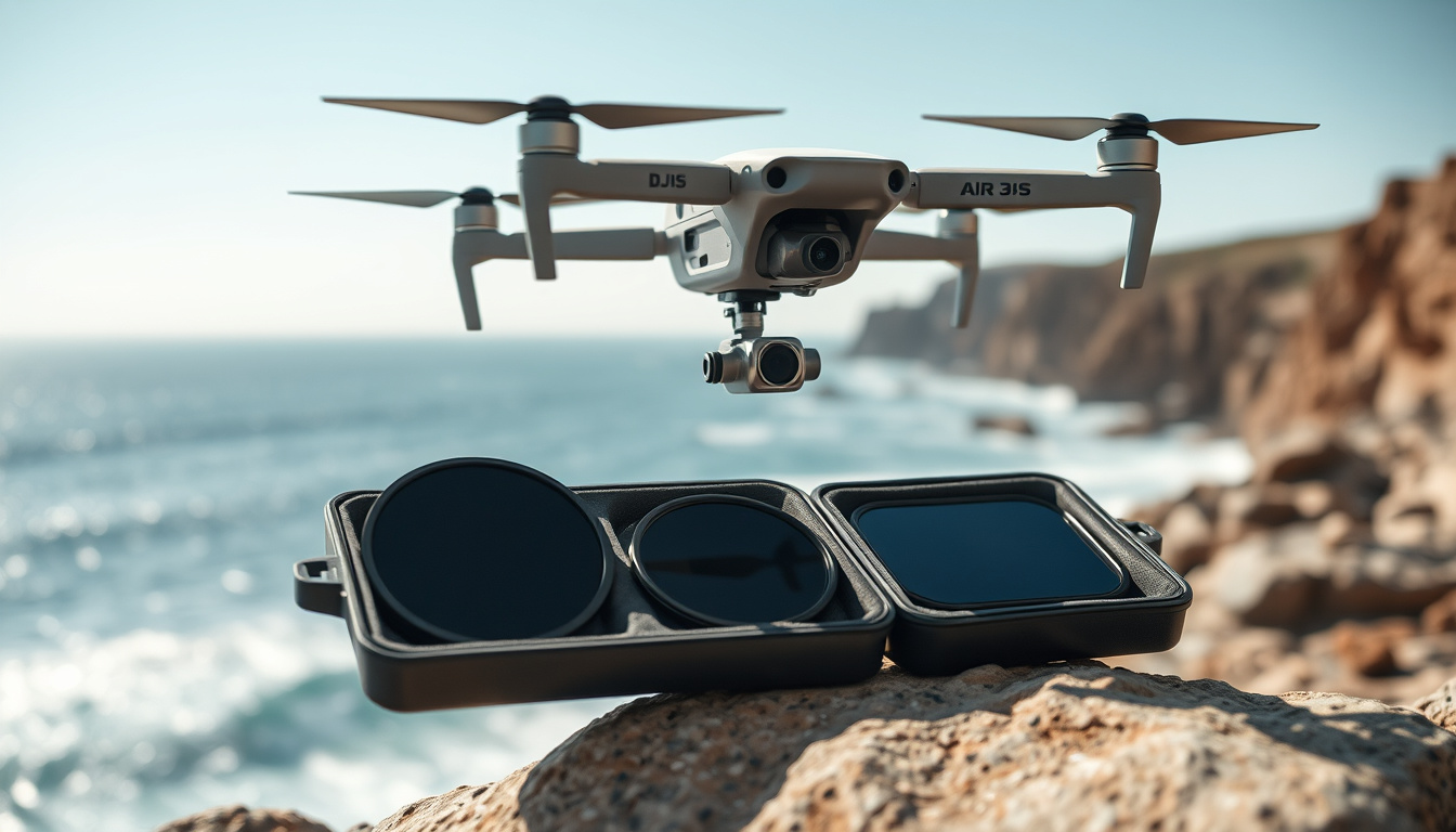 DJI Air 3S drone with ND filters above a bright coastal landscape