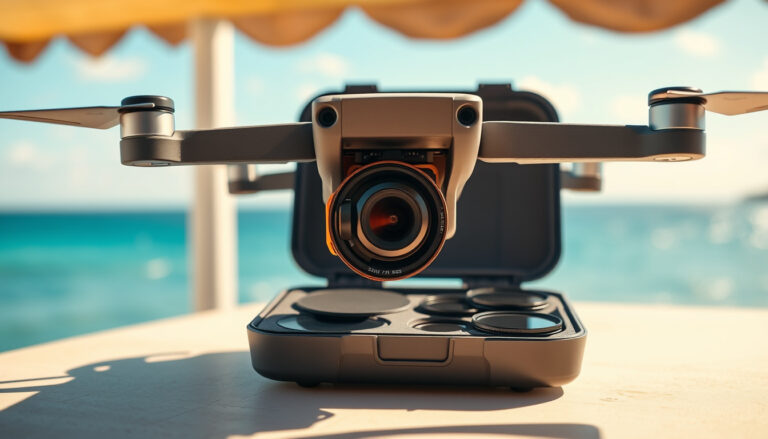 DJI Mini 4 Pro-style drone with ND filters beside a bright coastal filming scene