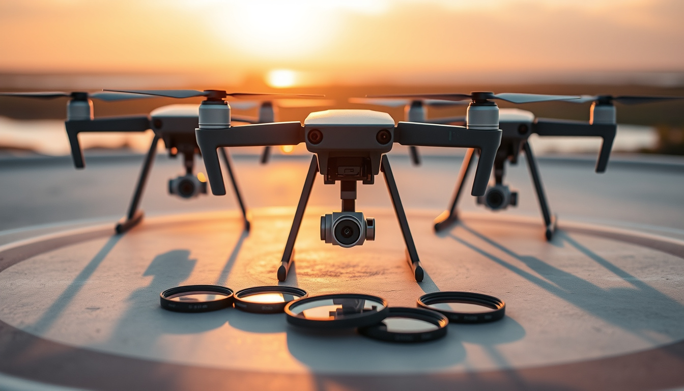 DJI-style drones with ND filters on an outdoor launch pad in bright natural light