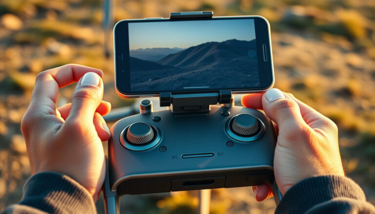 Drone controller with a secure phone mount outdoors, drone blurred in background