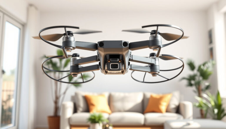 Compact drone with circular propeller guards hovering indoors near furniture and plants