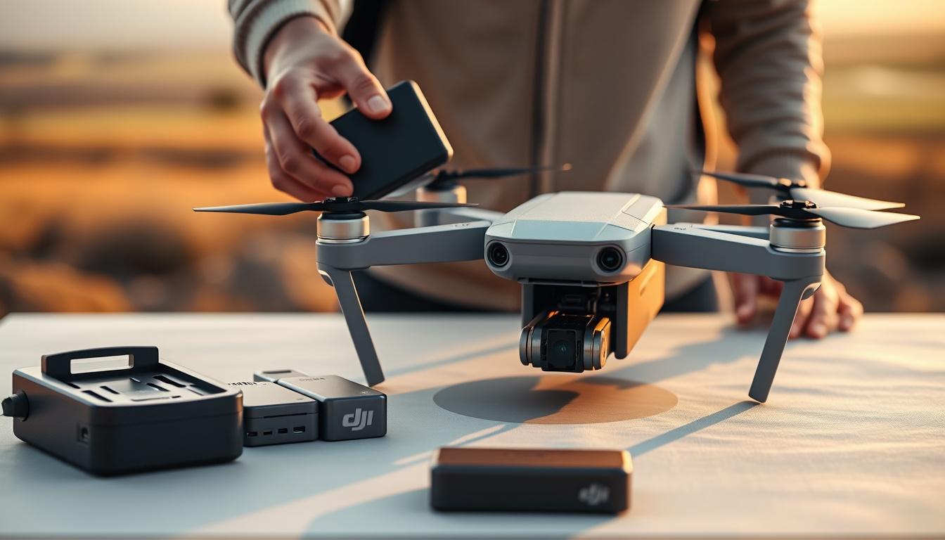 DJI Mini 4 Pro with replacement batteries and charging hub outdoors