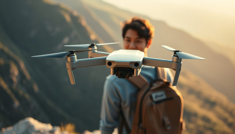 Compact selfie drone hovering in front of a traveler at a scenic mountain overlook