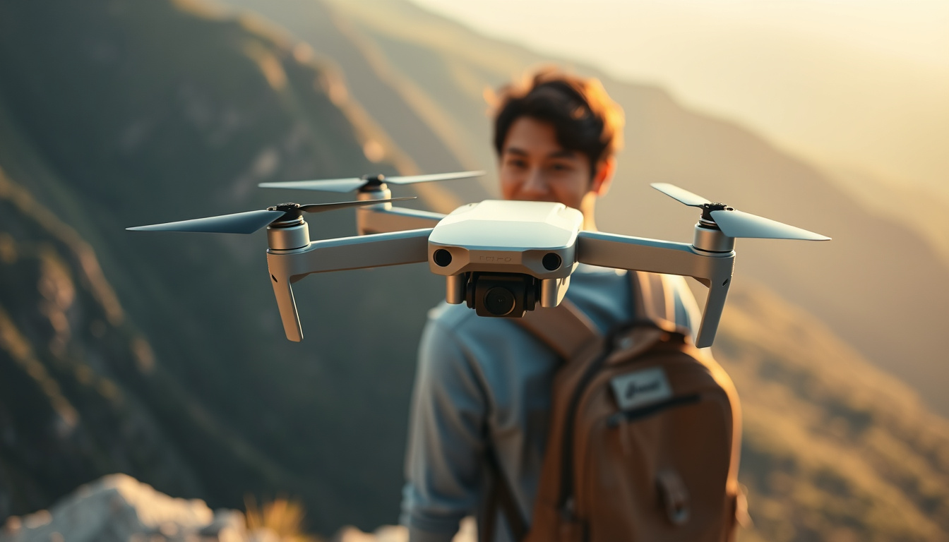 Compact selfie drone hovering in front of a traveler at a scenic mountain overlook