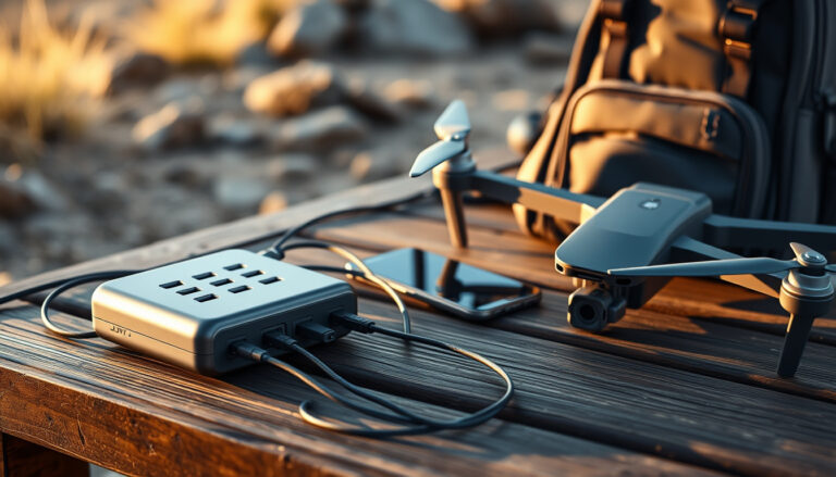 USB-C PD charger powering drone batteries, controller, phone, and folded quadcopter on an outdoor table