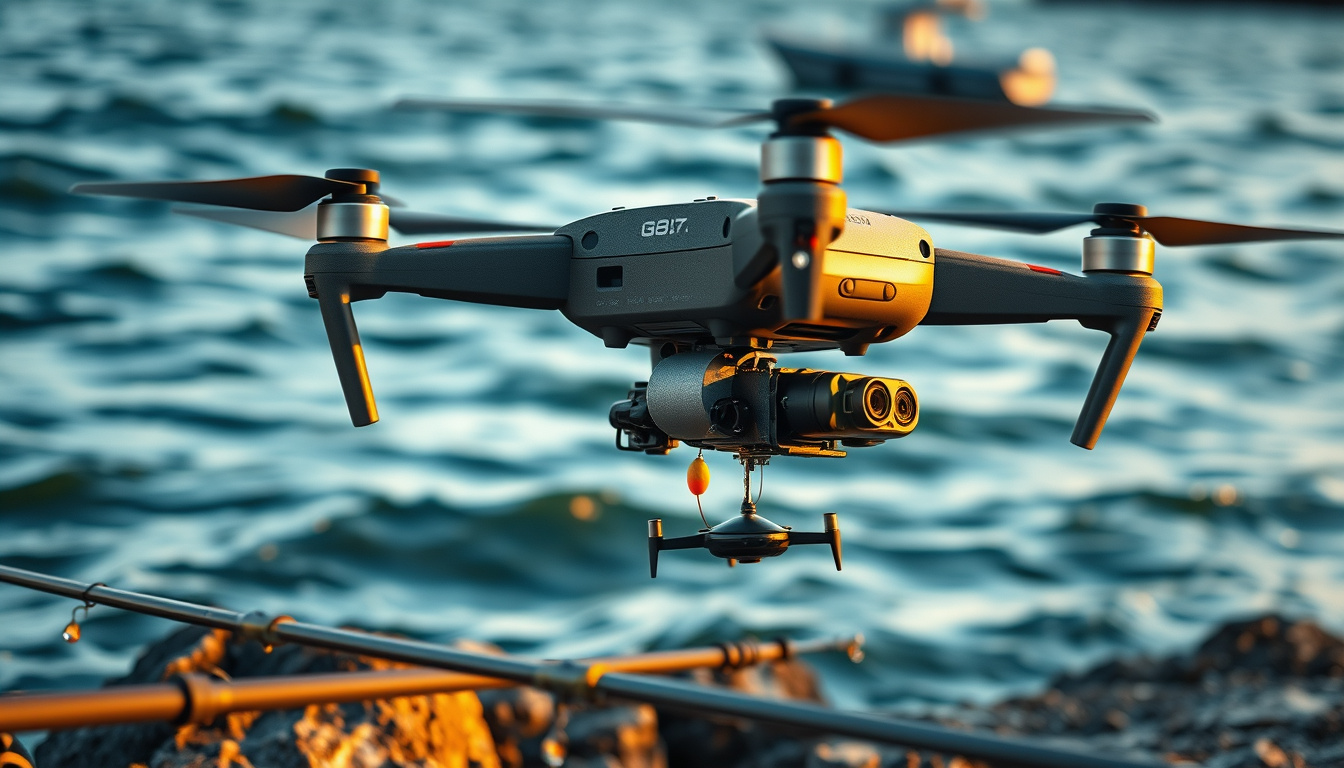 Waterproof fishing drone hovering over coastal water with an underwater drone below the surface