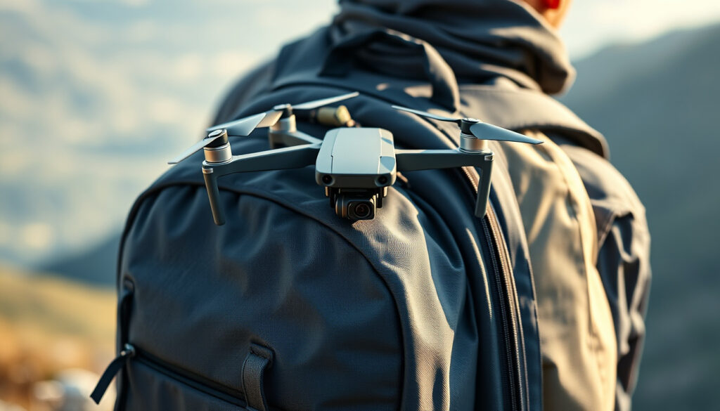 Compact foldable drone on a backpack at a mountain overlook