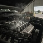 Photorealistic illustration of a diesel engine bay with a fuel injector being cleaned, with a fuel filter and water separator nearby and a vehicle/road background suggesting maintenance and warm-engine driving.