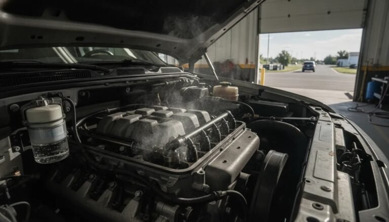 Photorealistic illustration of a diesel engine bay with a fuel injector being cleaned, with a fuel filter and water separator nearby and a vehicle/road background suggesting maintenance and warm-engine driving.