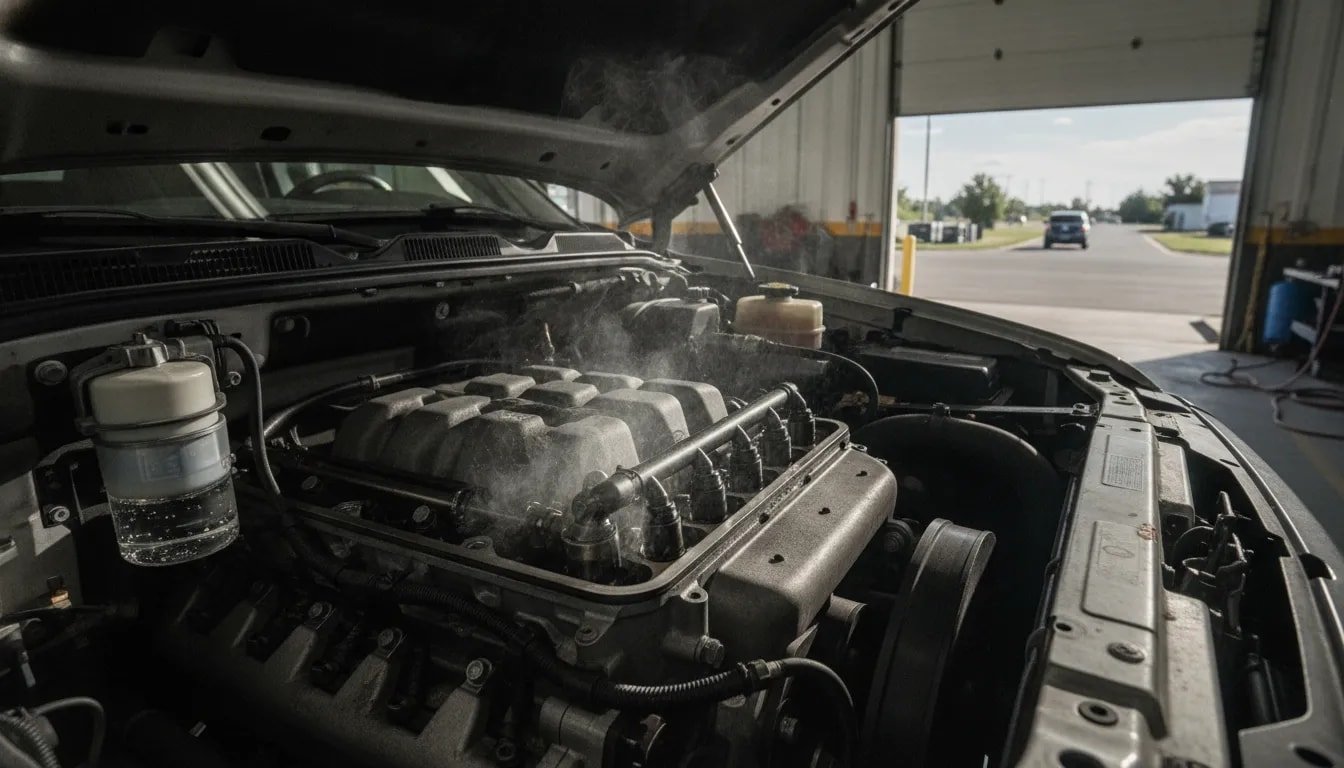 Photorealistic illustration of a diesel engine bay with a fuel injector being cleaned, with a fuel filter and water separator nearby and a vehicle/road background suggesting maintenance and warm-engine driving.