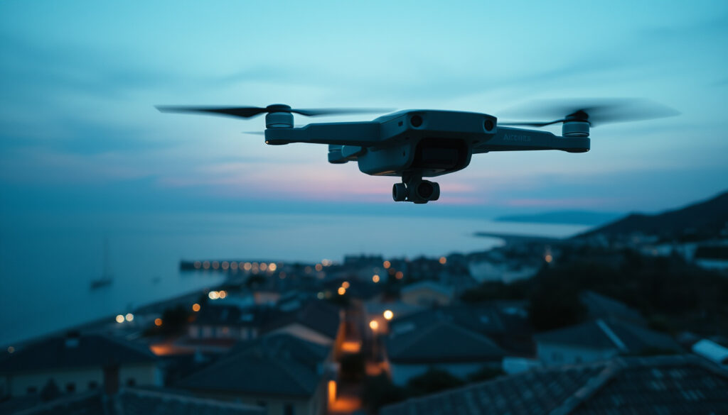 Drone flying over a town at dusk in low light