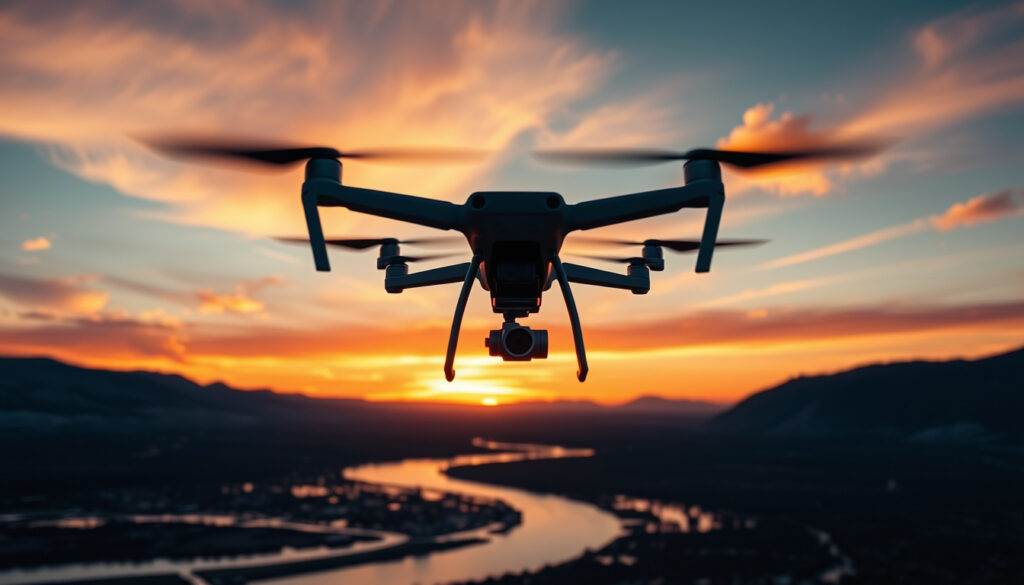 Drone over sunset river landscape with bright sky and detailed shadows
