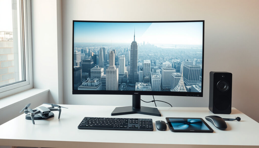 Drone photo editing workspace with aerial image and drone on desk
