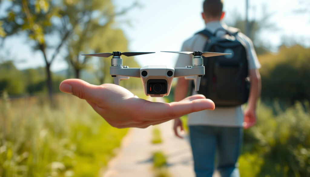 Enclosed selfie drone taking off from a palm on a sunny path